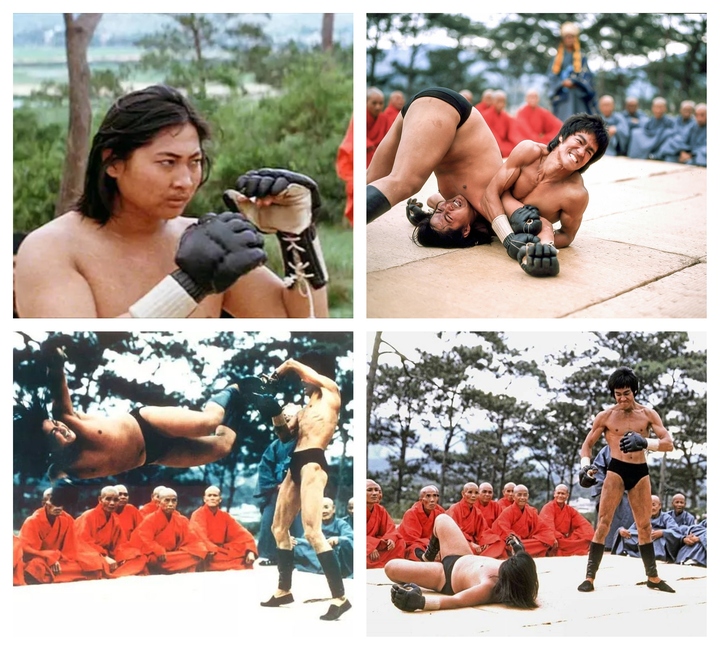 Cảnh giao đấu của Lý Tiểu Long và Hồng Kim Bảo trong phim Enter the Dragon Hồng Kim Bảo và Lý Tiểu Long trong cảnh quay Enter the Dragon